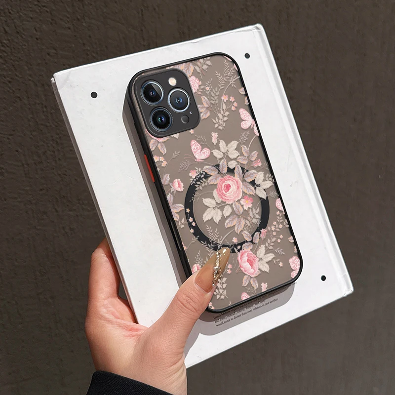 Casing HP iPhone 17 Pro Max Motif Bunga Silikon Untuk Magsafe, Casing iPhone 16 15 13 12 14 11 17 Pro Max, Cover Magnetik Air