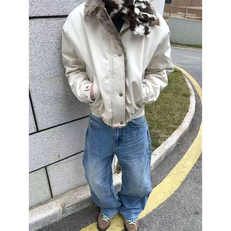 Męska kurtka Harajuku zimowa ciepła polarowa z futrzanym kołnierzem bawełniana kurtka w stylu amerykańskim gruba ocieplana odzież wierzchnia casualowa moda streetwear