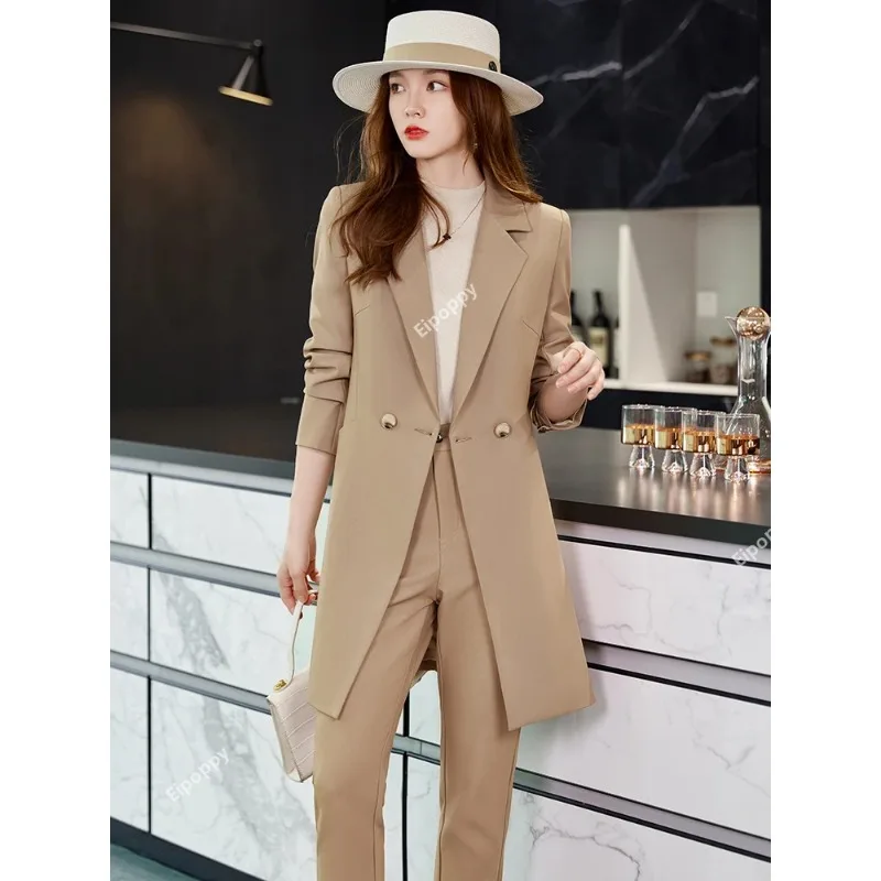 

2024 Women Work Business Wear Formal Pant Suit Khaki Black Solid Long Blazer Set Office Ladies Jacket Coat and Trouser 2 Piece