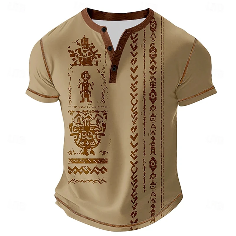 Men's Summer 3D-Printed T-Shirt Waffle-Weave Ethnic-Print T-Shirt Cool And Breathable Short-Sleeve Retro Casual Loose-Fit Top