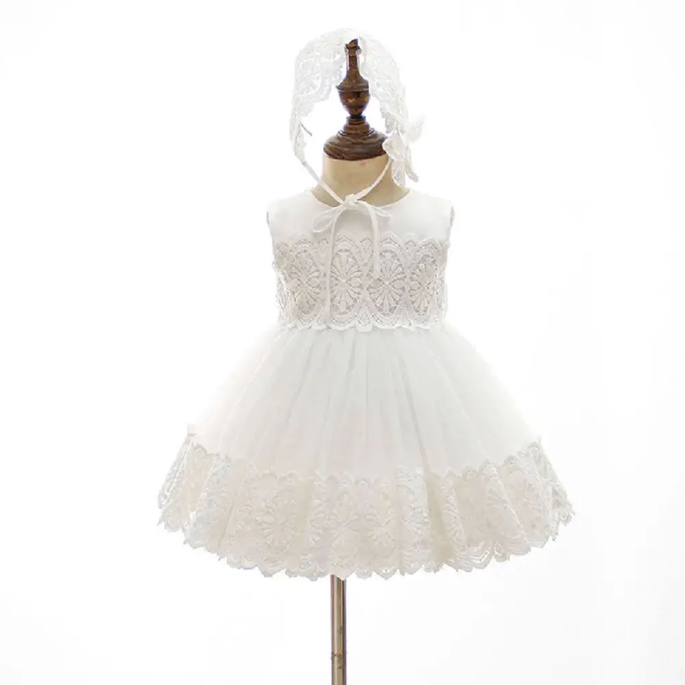 

HETISO Embroidery Lace Baby Birthday Dress + Banner Girls Christening Gown Beige 0 3 6 12 18 24 Months