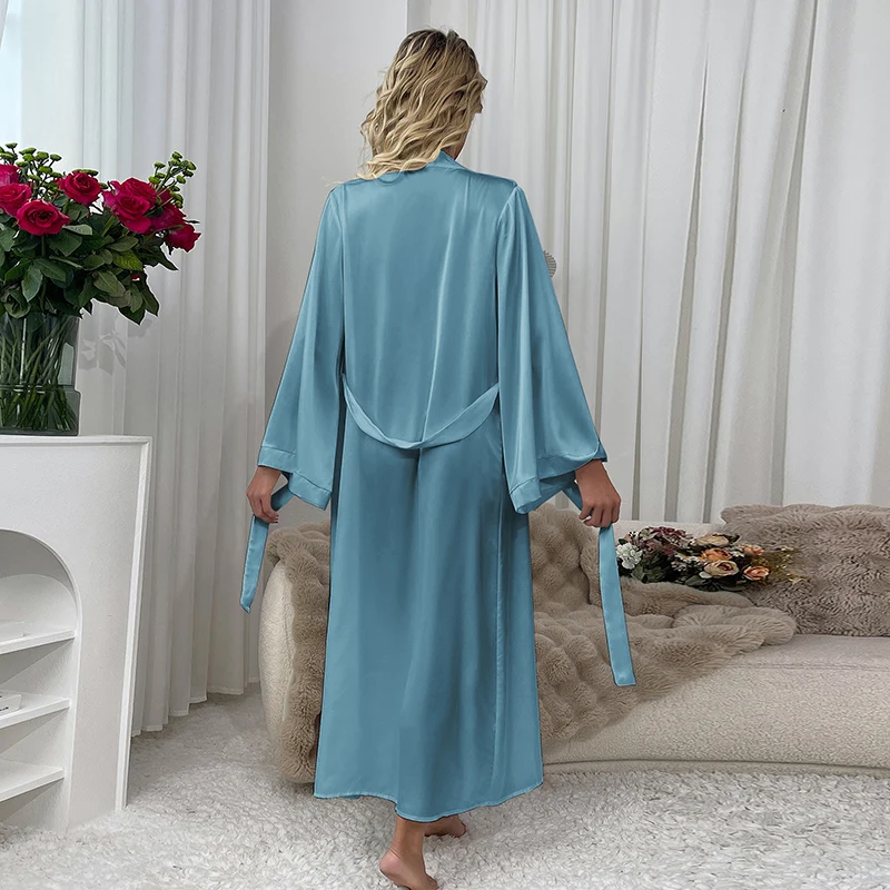 Pajamas For Women Morandi Blue Satin Robe V Neck Large Cuff Nightgowns Fantasy Gown Women's Home Robe Bow Luxury Long Bathrobe