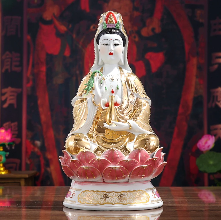 

KAI GUANG BUDDHA ASIA HOME efficacious Talisman Family Bless safety handmade Chinaware Gilded GUAN YIN statue