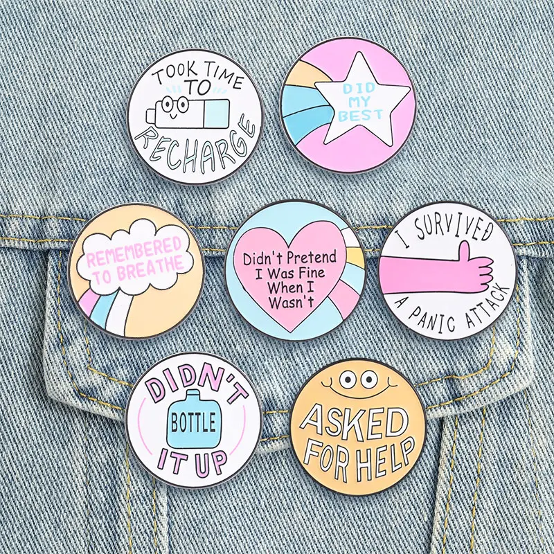 Broches en émail sur le thème de la santé mentale, avec citations sur l'autosoins, badges de revers, bijoux d'affirmation motivante arc-en-ciel pour le soulagement de l'anxiété, cadeau