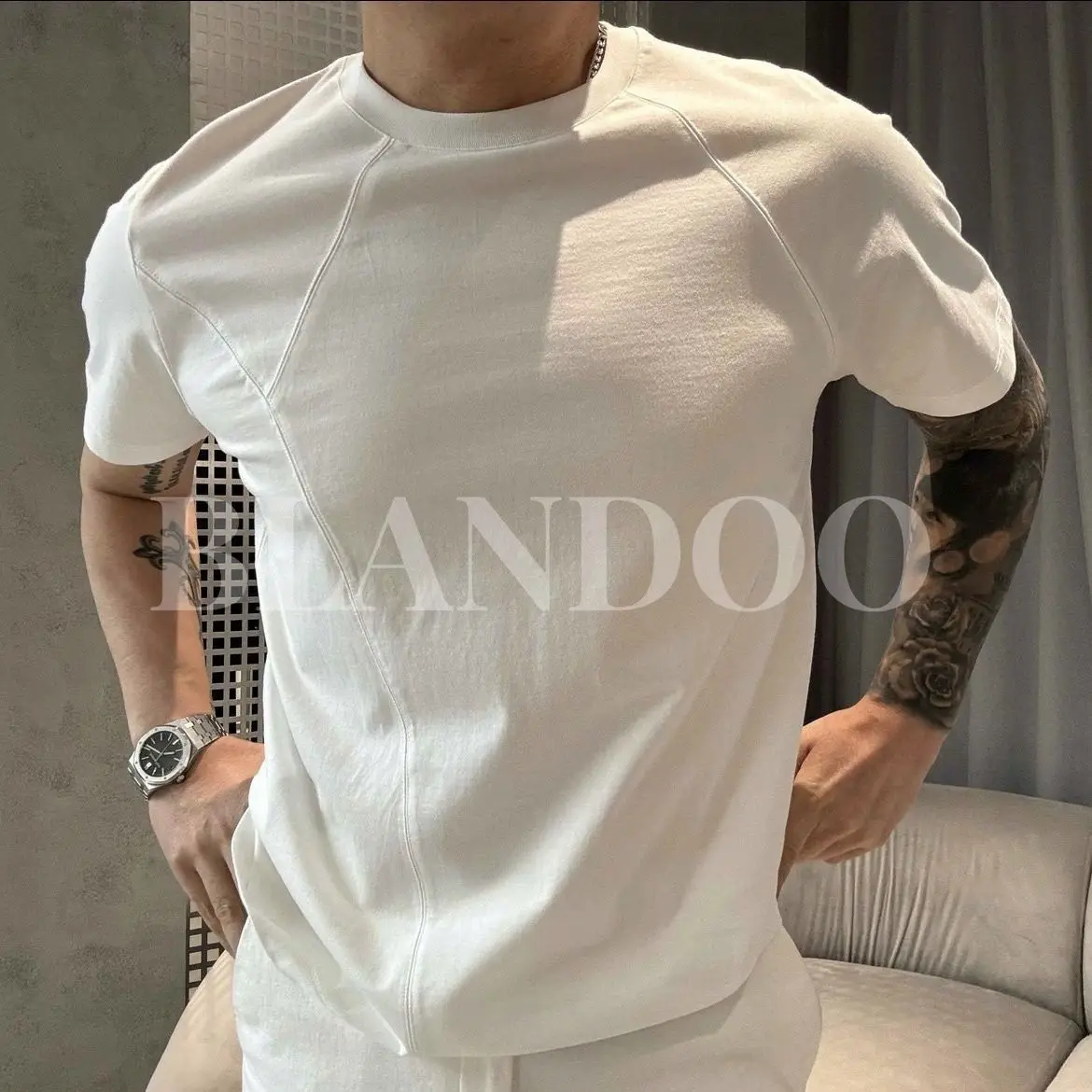 High-quality Summer New Designer Splicing Embroidery Round Neck Short-sleeved T-shirt Solid Color Sports Half-sleeved Top