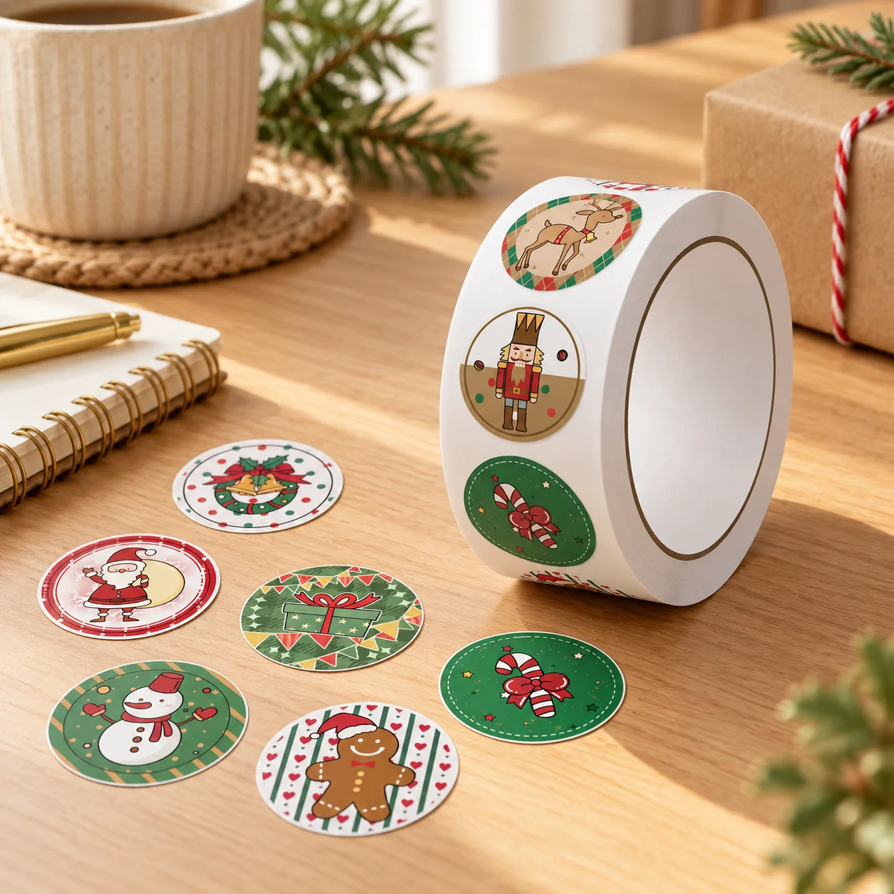 Christmas round sticker roll for gift wrapping, envelopes, cards, crafts, Santa snowman reindeer festive decor, gift tag