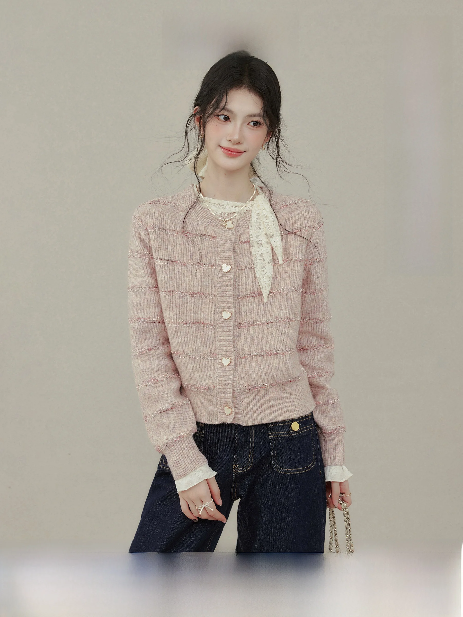 

Elegant Pink Knitted Open Cardigan Women's Fashion Autumn New Arrival Soft Cozy Sweater Outerwear by Wang Ou Xixi
