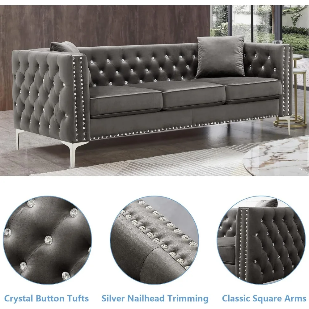 office sofas,with Jeweled Buttons and Square Arms,with Trimmed Nailhead and Metal Legs 3 Person Couch with 2 Pillows,sofa