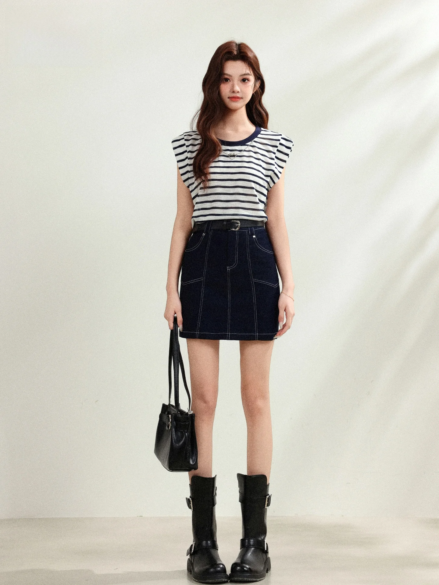 

American Style Stripe Short Sleeve T-Shirt Set Women's Summer Slimming Denim Skirt Two-Piece Set Casual Loose Fit Spring