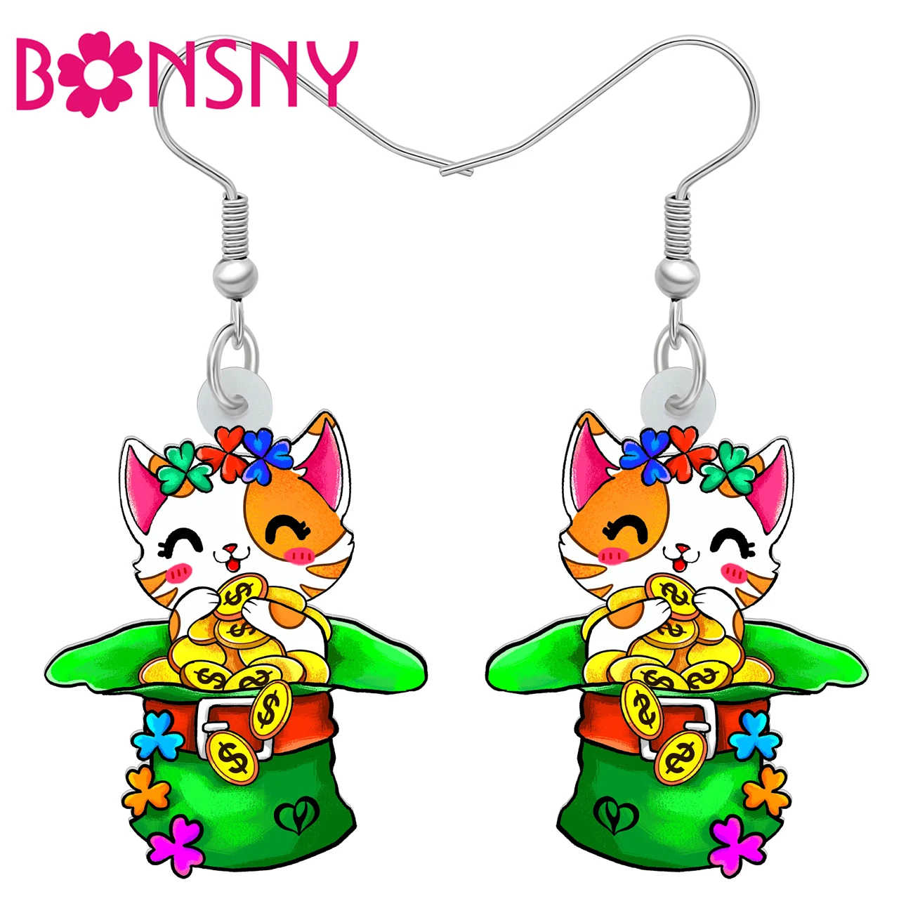 BONSNY Acrylic St Patricks Day Calico Cat Earrings Green Hat Shamrock Gold Coin Cartoon Kitten Jewelry Good Luck Gifts For Women