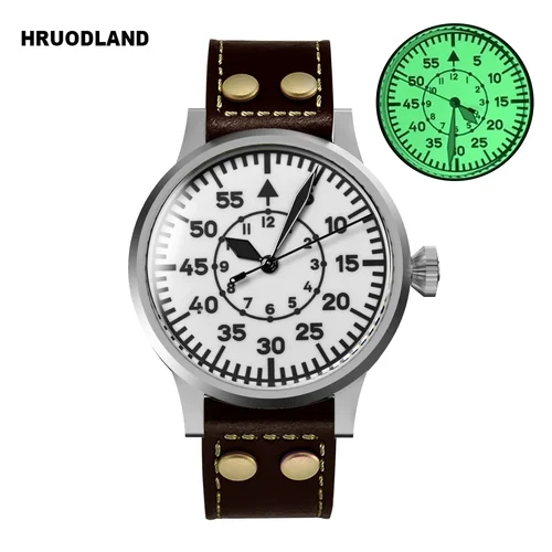 Hruodland Retro Pilot reloj mecánico automático para hombre zafiro de lujo cuero de acero inoxidable impermeable 10Bar Super Glow C3 re