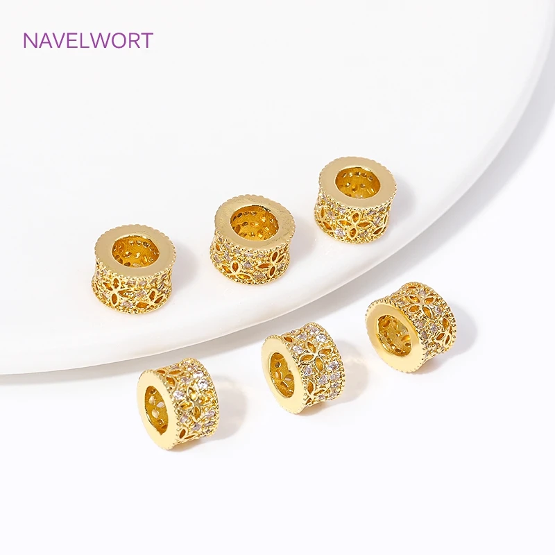 18K Gold Plated Brass With Zircon Round Spacer Beads Metal Big Hole Beads Separators For DIY Beaded Jewelry Making Accessories