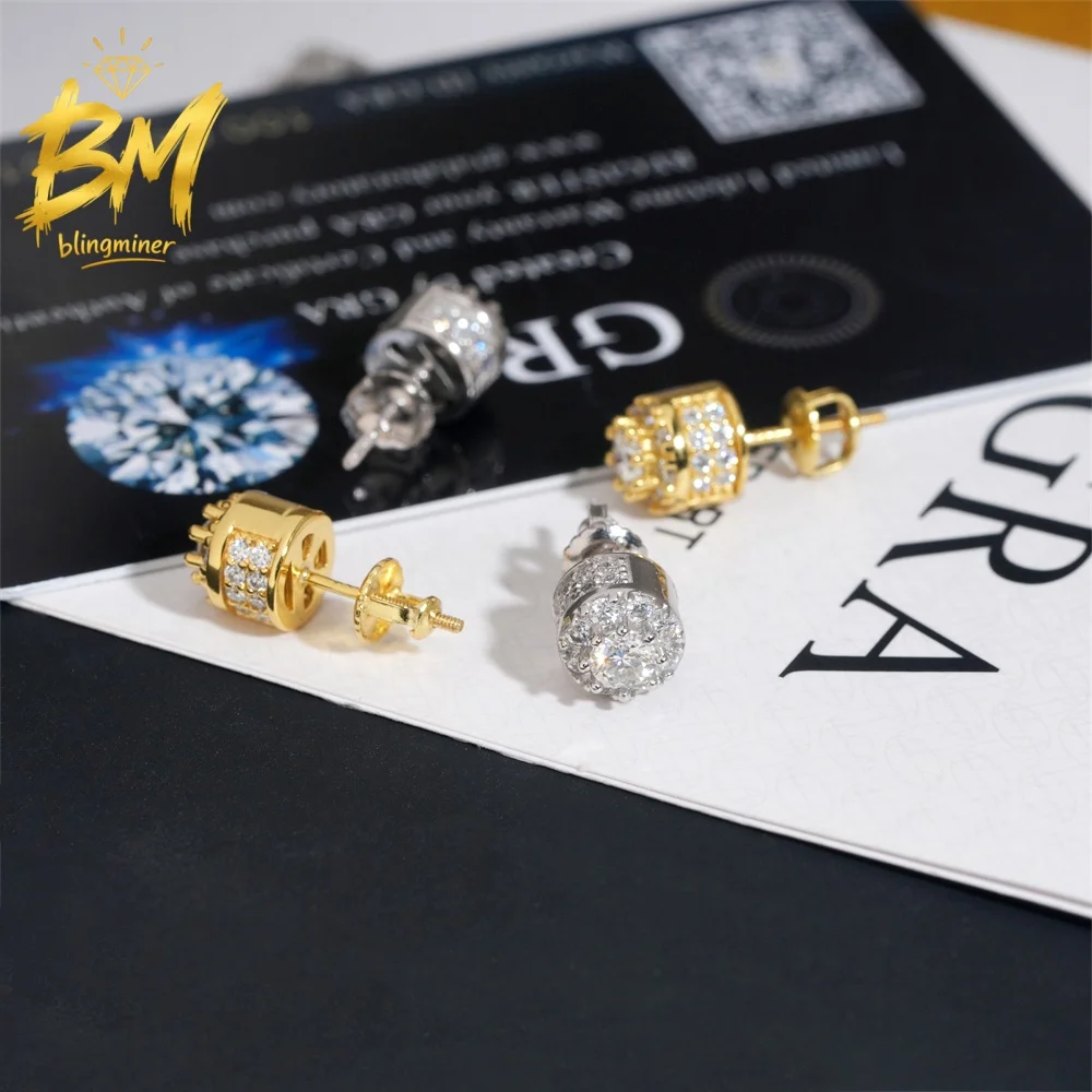 Blingminer 7.5mm Round S925 Silver VVS Moissanite Earrings For Men Women Ear Studs Jewelry Pass Diamonds Tester Free Shipping