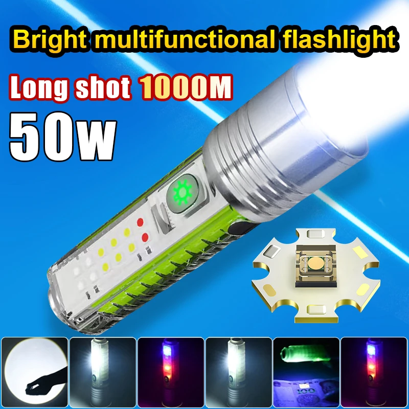 

Mini Bright 50W High Power Led Flashlights 10W Rechargeable Flashlight Multifunction Torch Light Powerful Lighting 1000m Lantern