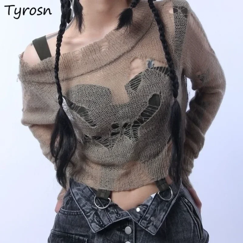 

Hole Pullovers Women Smock Ripped Vintage Sweaters Gothic Y2k Clothes Harajuku Long Sleeve Korean Fashion Knitwears Streetwear