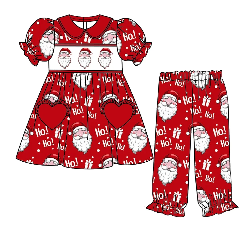 

New Christmas Girl Clothes Love Pocket Style Pajamas Puff Sleeve Pants Set Red Santa Claus Pattern Milk Silk Fabric