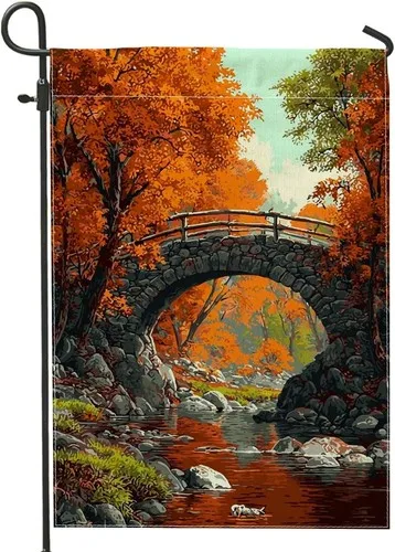 Autumn Bridge Garden Flag, Orange Fall Leaves Scenic Home Decor, 12x18 Inch RRI