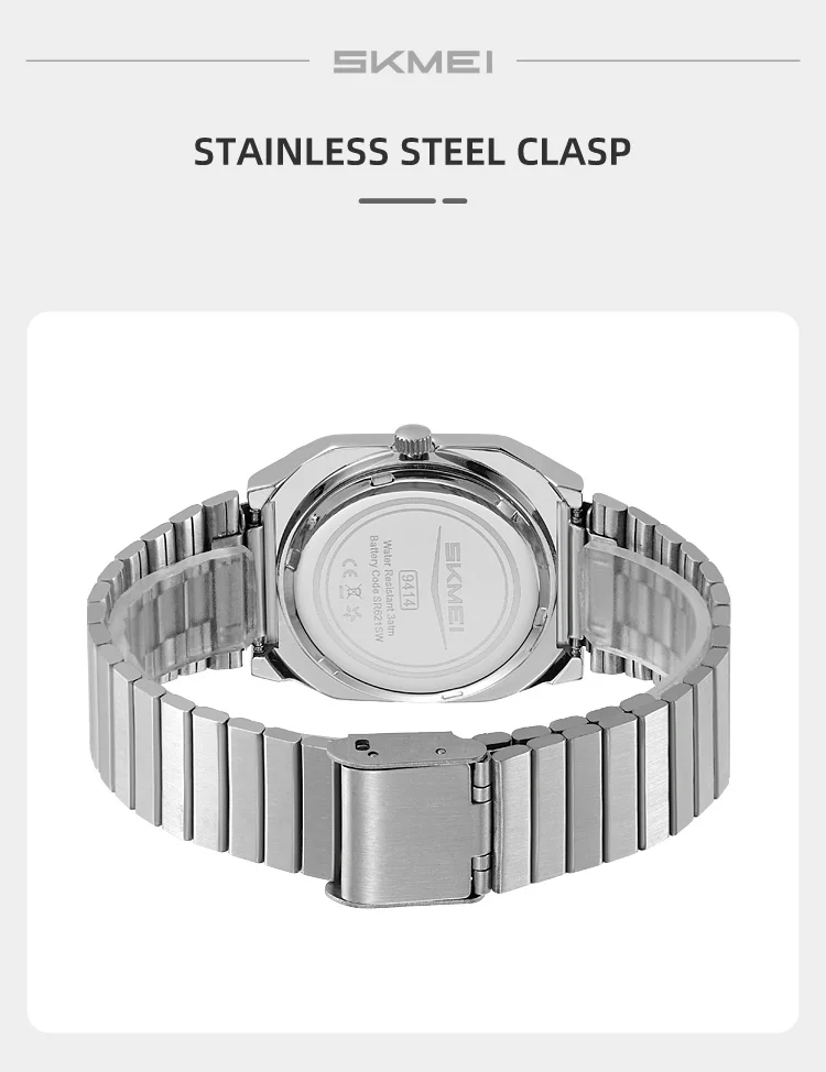 SKMEI 9414 Simple Square Dial Calendar Week Stainless Steel Strap Quartz Watch Men's Waterproof Business Mens Watch Reloj Hombre