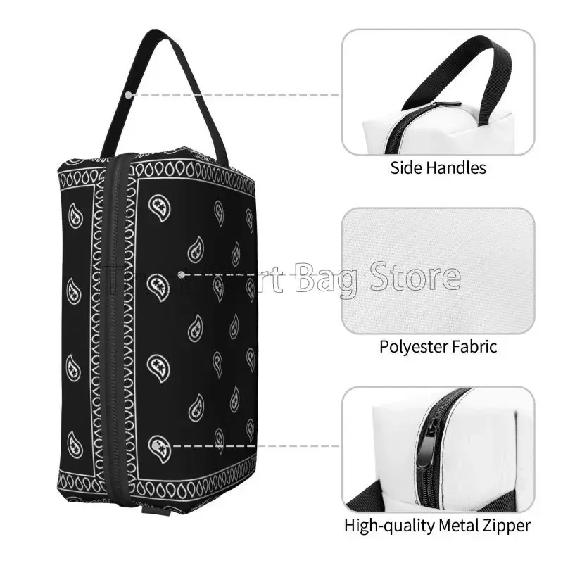 Colorful Paisley Black Bandanna Border Scarf White Make Up Bag Waterproof Toiletry Bag for Women Portable Travel Cosmetic Bags