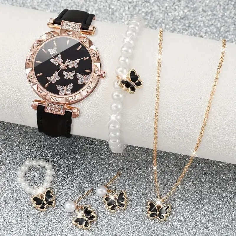 Women's Watch Five Piece Jewelry Set Quartz Watches for Wrist Fashion Simple Accessories Butterfly Necklace Wristwatches Clock