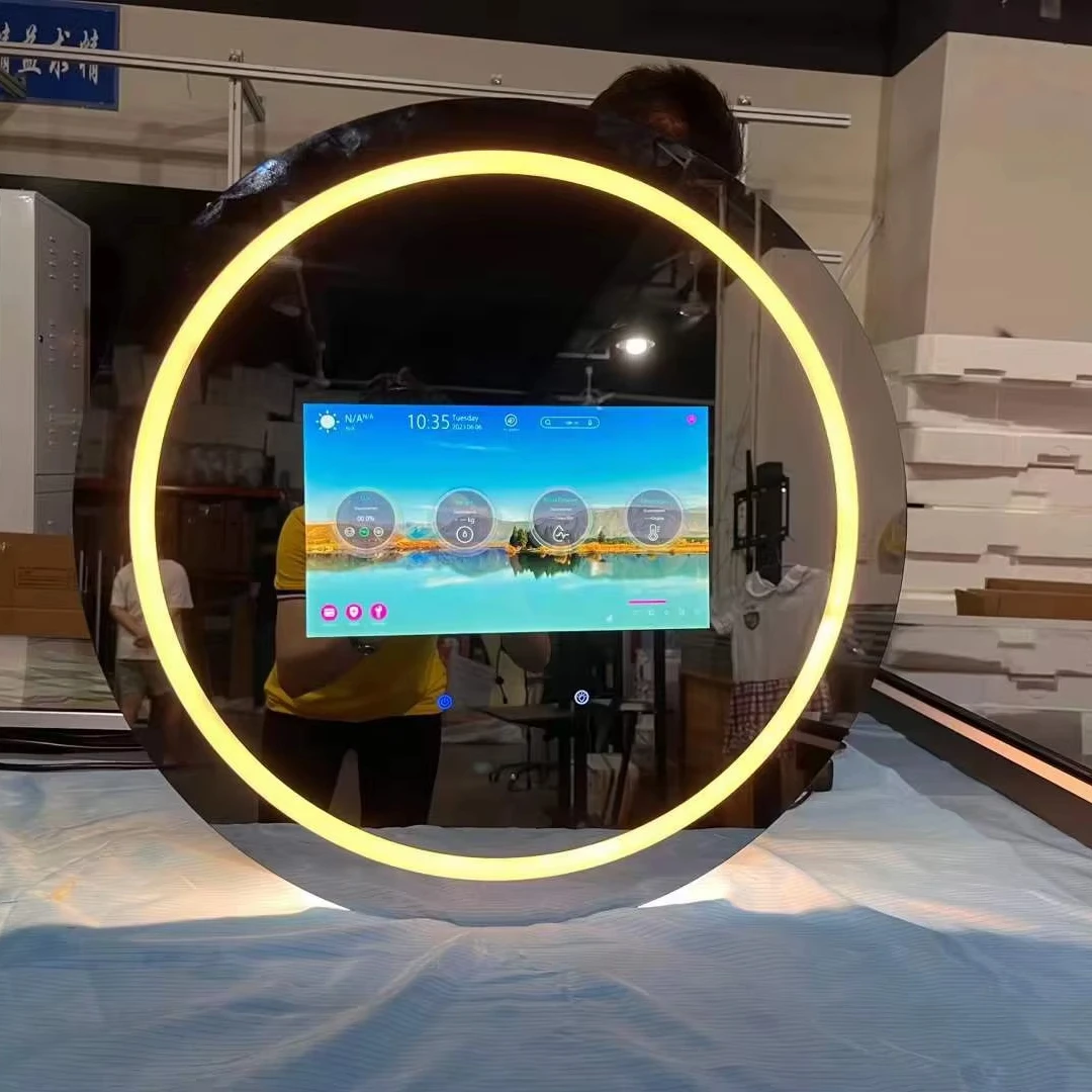 

32-дюймовое круглое умное зеркало с LED-подсветкой, 15,6-дюймовый сенсорный экран Android TV, водонепроницаемое зеркало для ванной с сенсорным выключателем