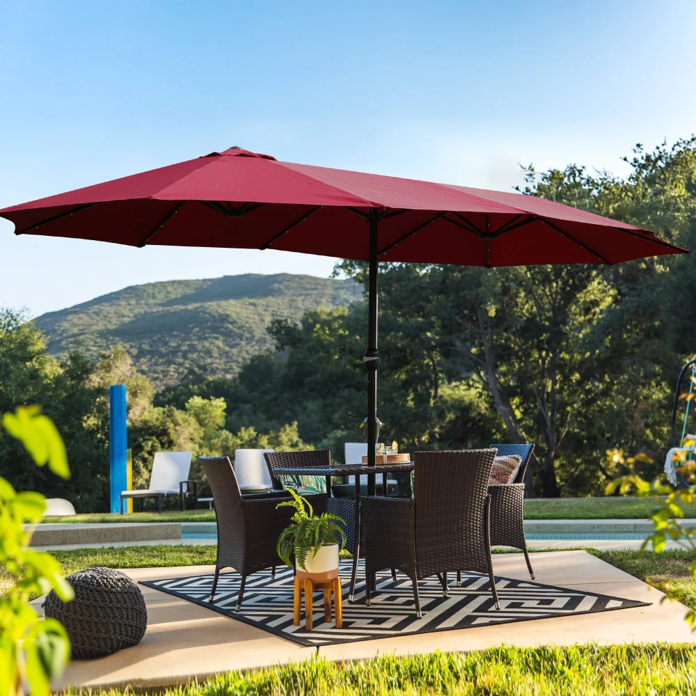 

15x9ft Large Double-Sided Rectangular Outdoor Twin Patio Market Umbrella with light and base- red