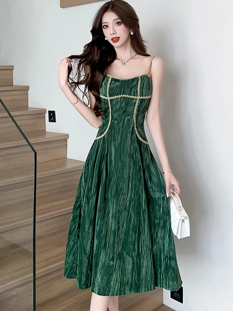 Autumn Winter Green Velvet Sling Sexy Club Dress Women Elegant High Waist A-Line Long Dress 2024 Korean Vintage Elegant Vestidos