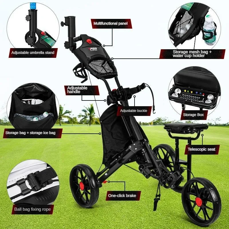 PGM Golf Bag Trolley Three Wheels Foldable with Brakes Equipped with Seat Ice Bag Umbrella Water Cup Holder Golf Push Cart QC007