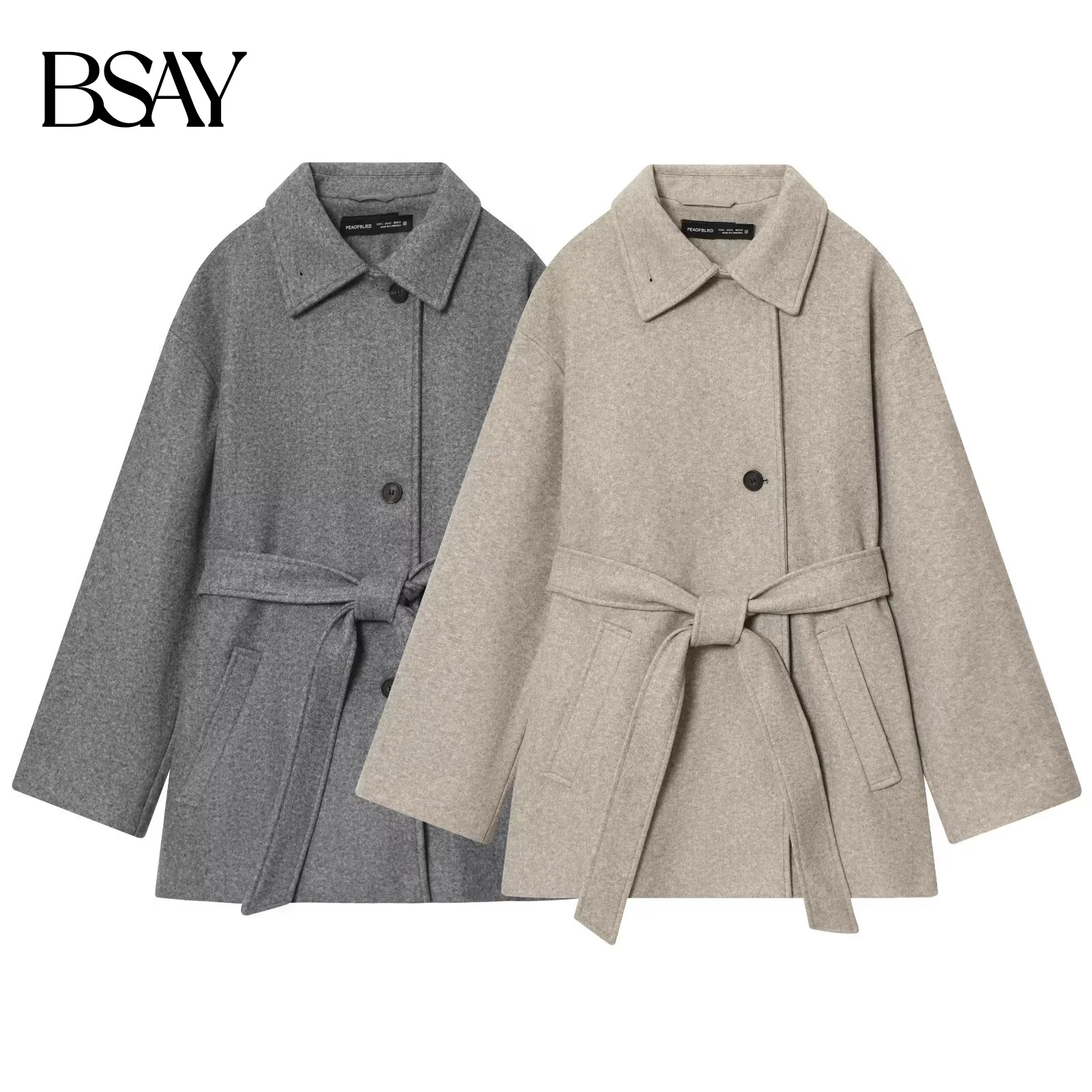 

BSAY осенняя новая женская одежда 2025 в минималистском стиле с поясом, длинными рукавами, двухслойным воротником, мягким пальто.