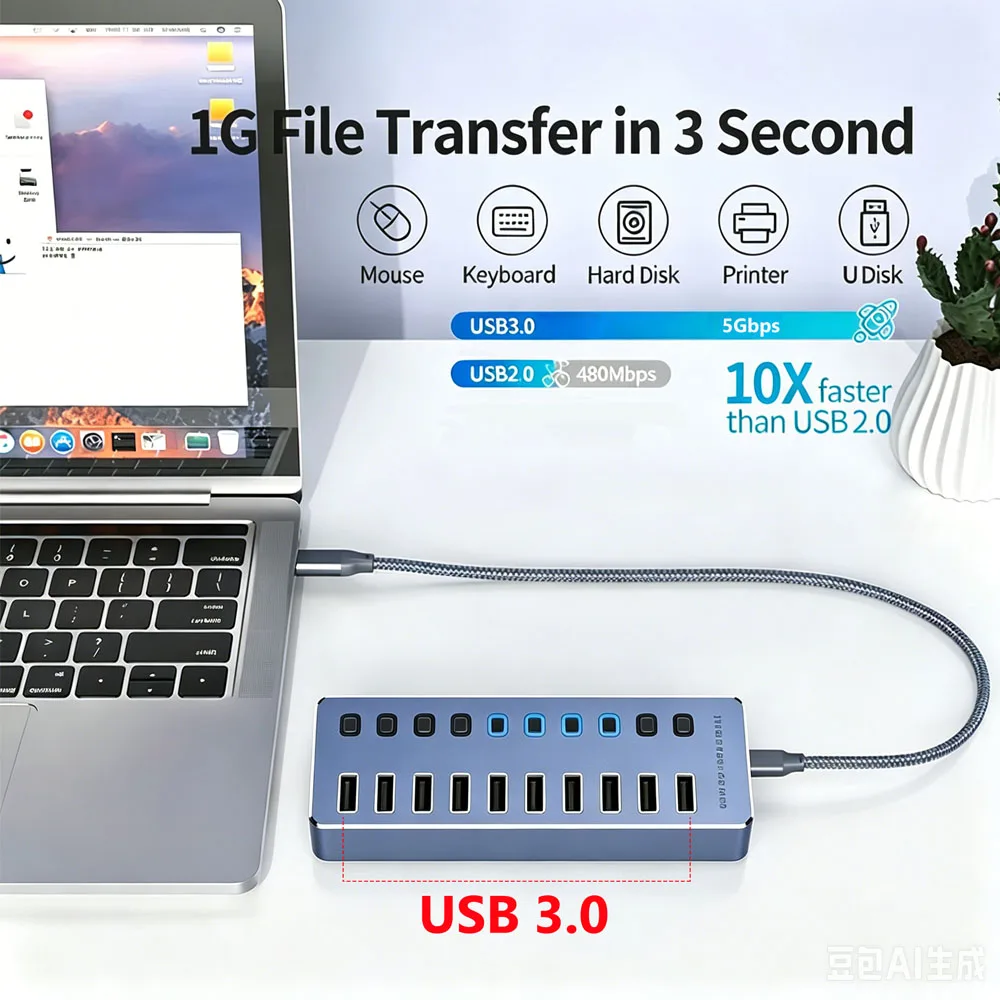 KEBIDUMEI USB 3.0 HUB 10 Ports USB Splitter 5Gbps BC1.2 With Individual Switch Power Adapter Docking Stations For Laptop Desktop