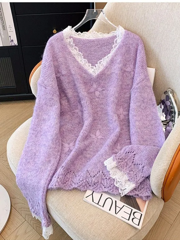 

Sweet Lace Splice Knot Blue Knitted Sweater Soft Loose Fit plus Size Conceals Flaws Spring Autumn New Sle Korean ...