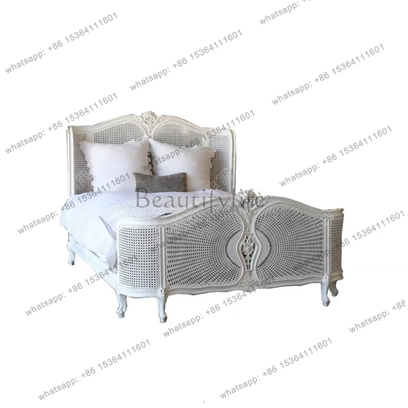 

American French solid wood retro bedroom rattan art double bed 1.8 meters can be customized