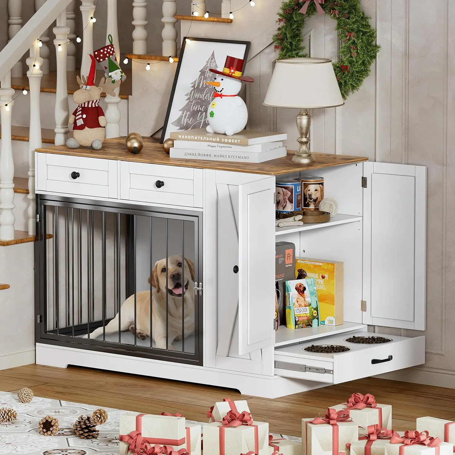 

Dog Crate Furniture, Dog Crate for Small to Large Dogs with Storage Cabinet and Feeder, Dog Kennel Furniture with Double Doors