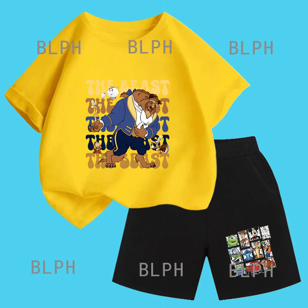 

Disney's Various Cartoon Characters Harajuku Printed Casual Sports T-shirts, Children's T-shirt Set, Cotton, Yellow T-shirt Set5