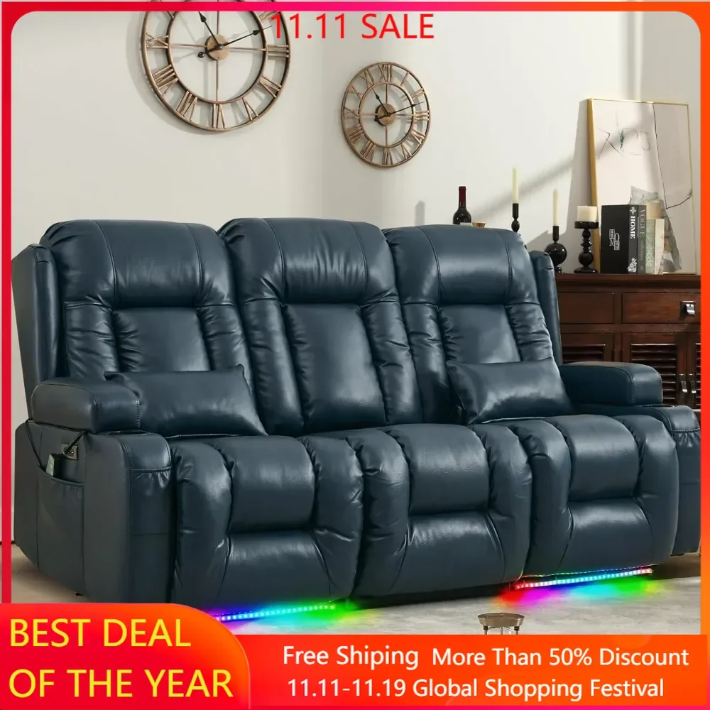 Power 3-Seater Recliner, Massage & Heating, with LED Lighting, Cup Holder, Lumbar Pillows, Electric 3 Seat RV Reclining Sofas