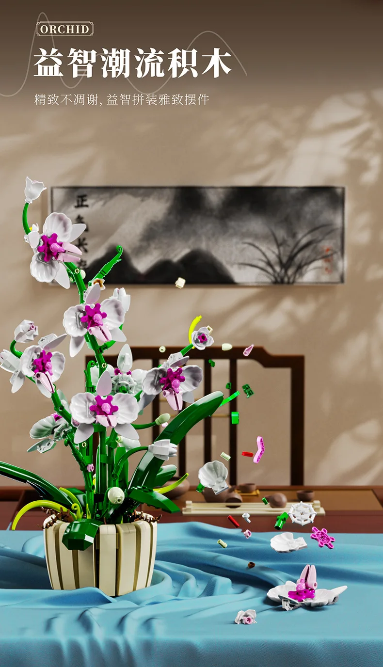 Blumen-Bausteine, Orchidee Cymbidium, Ewiger Blumenstrauß, Bausatz, botanisches Rosen- und Gänseblümchen-Modell, Mini-Bausteine, Spielzeug zur Heimdekoration – Detail 31