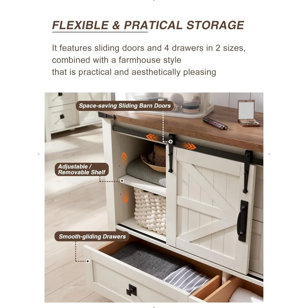 خزانة ذات 4 أدراج على طراز المزرعة الريفية مع أبواب حظيرة منزلقة، وخزانة ذات أدراج واسعة لغرفة النوم و48 حامل تلفزيون