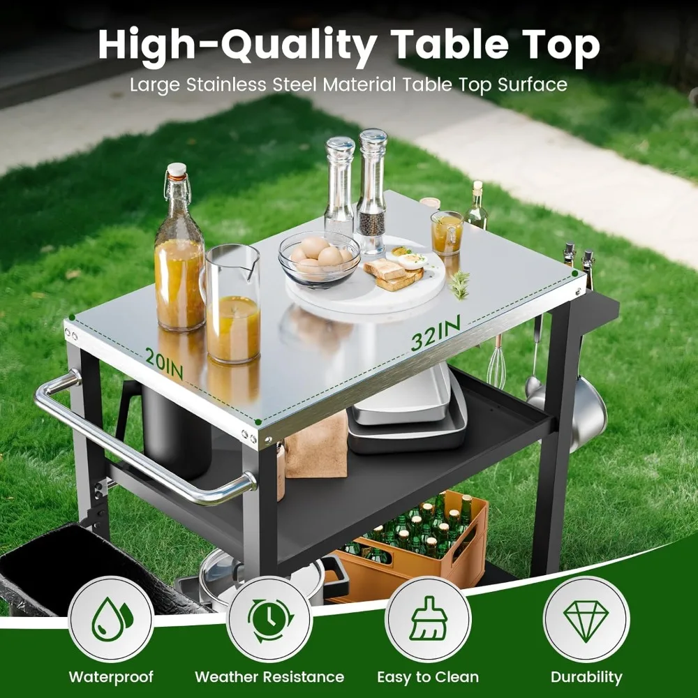 

US Shipping 3 Tier Outdoor Grill Cart with Stainless Steel Top 20 x 32 Kitchen Prep Table with Wheels BBQ Workstation Pizza