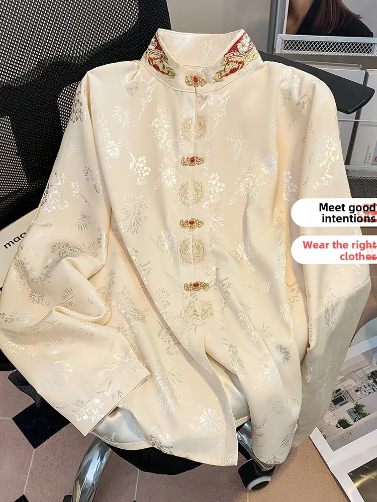 Nuevo cuello levantado bordado pesado chino Sle largo Sve irt primavera otoño para mujer nuevo de gama alta Retro nacional Sle Han...