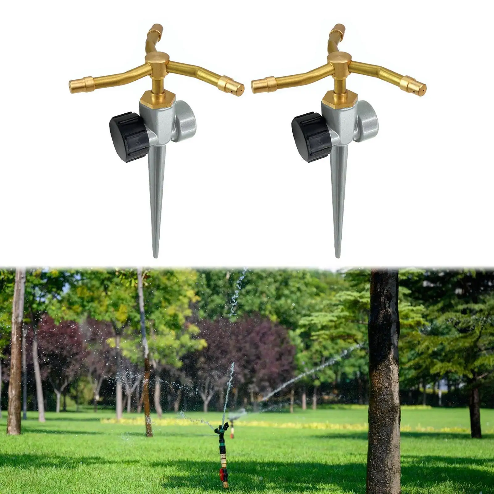 2x 3 Arm Garden Sprinklers Brass Nozzle Aluminum Alloy Automatic Rotary 360 Degree Rotation for Flower Bed Yard Watering