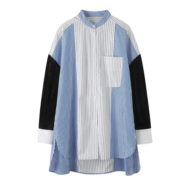 

SuperAen 2024 Autumn New Arrival Fashion Splicing Color Contrasting Long Casual Striped Shirt