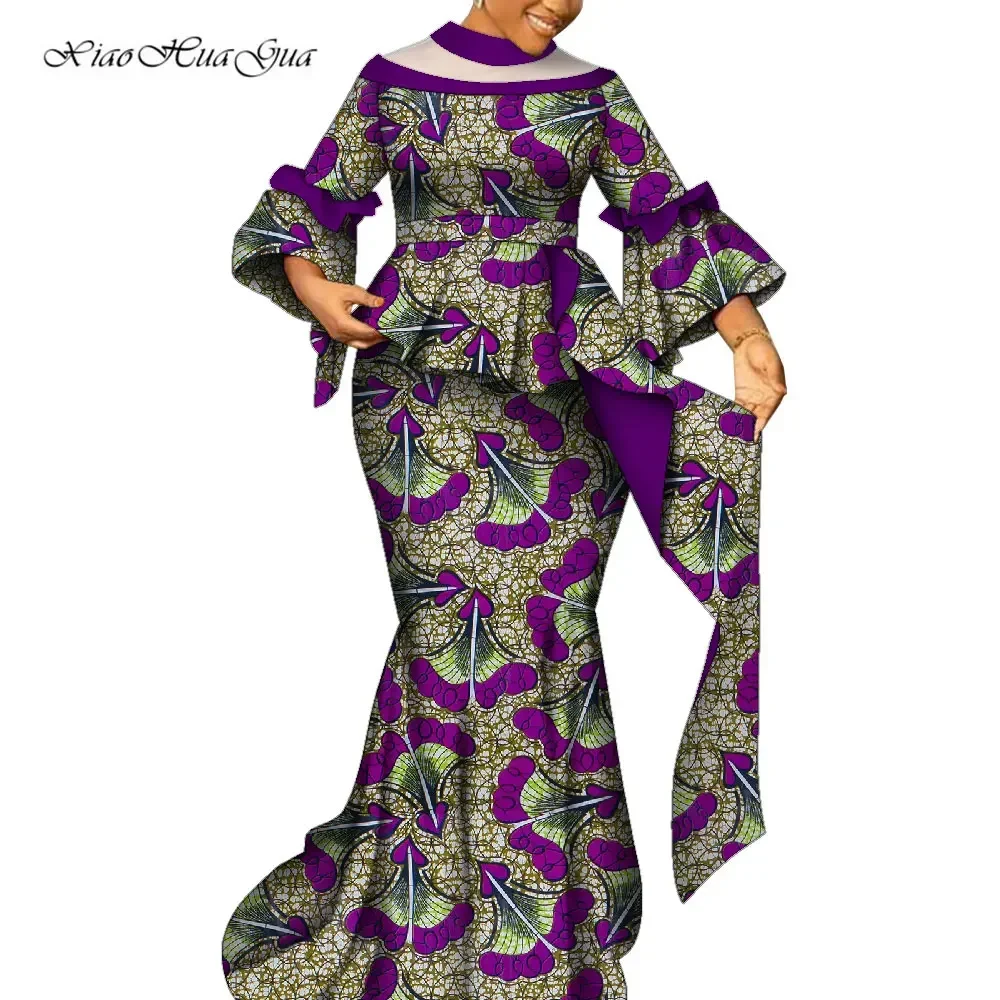 African Two Piece Set for Women Traditional Ankara Dashiki Flare Sleeve Top and Long Skirt Suits Dress Party Clothing WY9603