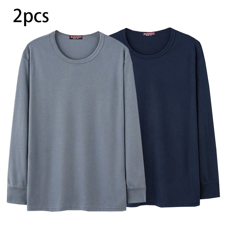 2pcs Men's Long-sleeved Thermal Underwear Men Solid Cotton T-shirt Autumn Winter Man Round-Neck Autumn clothes Tops