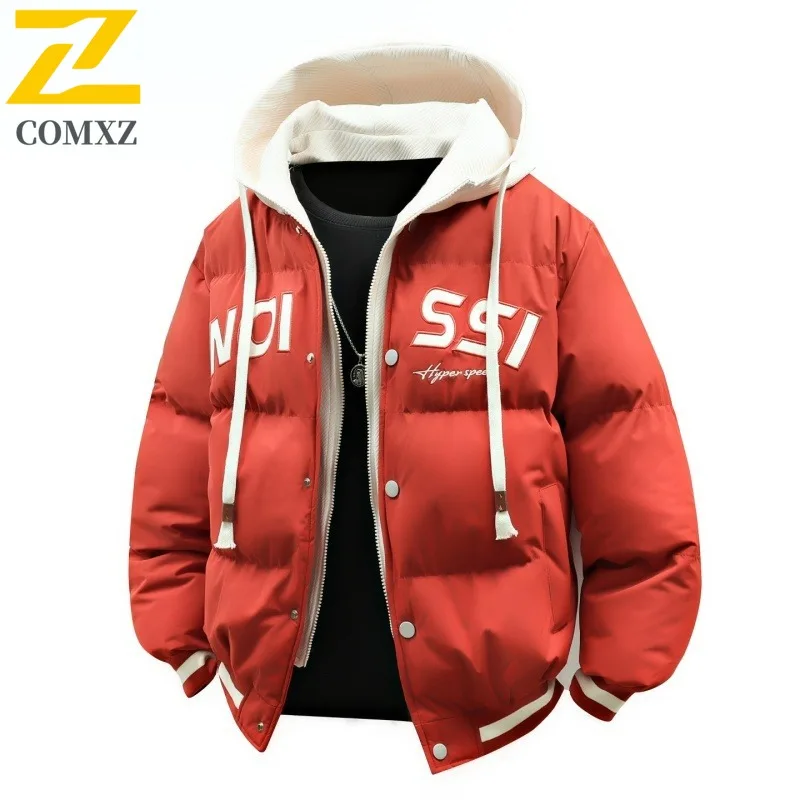 

COMXZ Men Cotton Padded Jacket Letter Print Warm Hooded Preppy Trendy Travel Snow Winter Padding Hiking Comfortable Bread Jacket