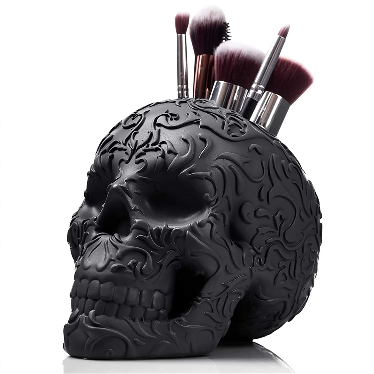 Skull Makeup Brush Holder Gothic Spooky Decor Organizer Plant Flower Pot for Halloween Table Vanity Office Desk Storage