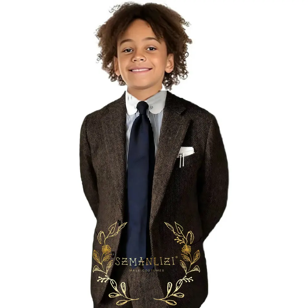 

Boys Suit 2 Piece Brown Tweed Herringbone Slim Kids Clothes Formal Tuxedo Wedding Party Children's Clothing (Jacket+Pants)