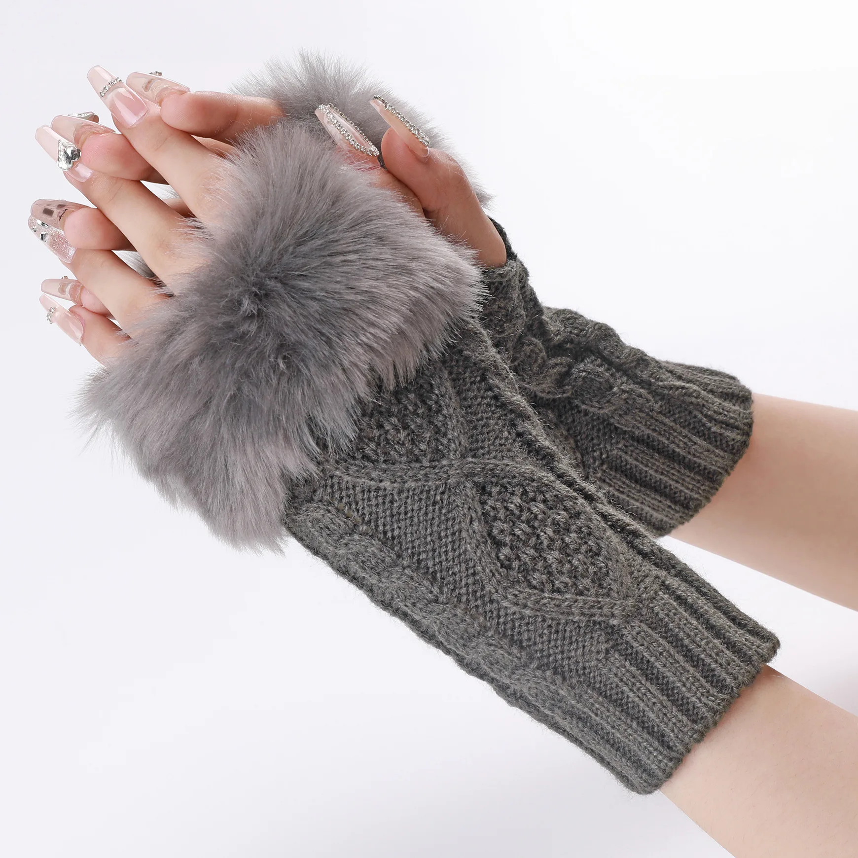 Women's Winter Knitted Plush Gloves Wool Cuffs Dew Half Finger Arm Sleeve Punk Arm Gloves Party Mittens Keep Warm Sleeve Cover