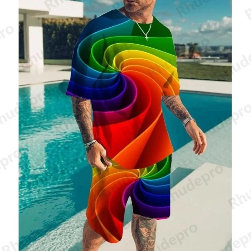 2025 Optical Illusion Pattern T-shirt 2-piece Set Fashion Men's Summer T-shirt Set New Men's Round Neck T-shirt Set 3D Printing