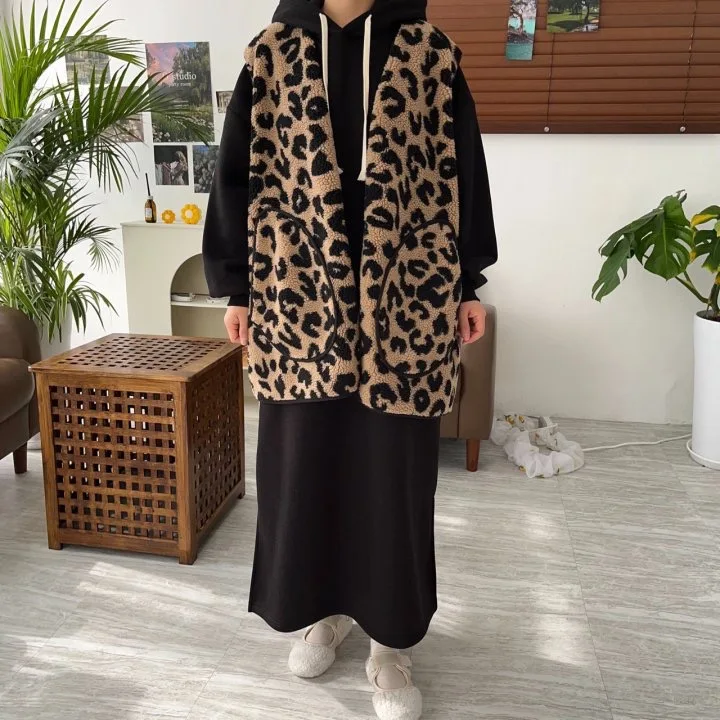 

Retro Warm Lamb Fur Leopard Print Svel Vest Women's Korean Sle Outerwear Spring Autumn Winter Casual Faion