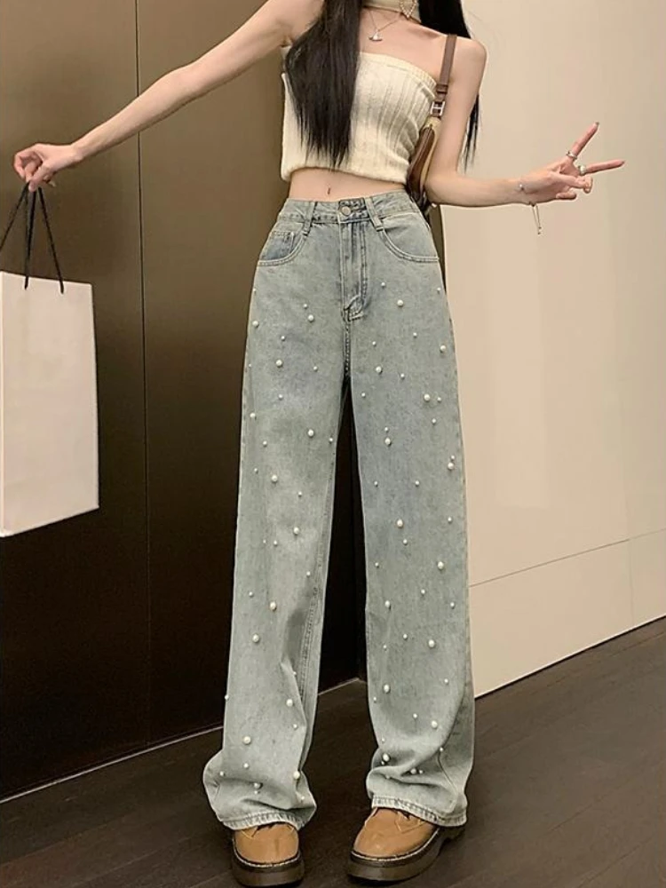 

2026 Summer Women's Pearl Denim Pants Y2k Baggy High Waist Wide Leg Trousers Loose Vintage Streetwear Floor Length